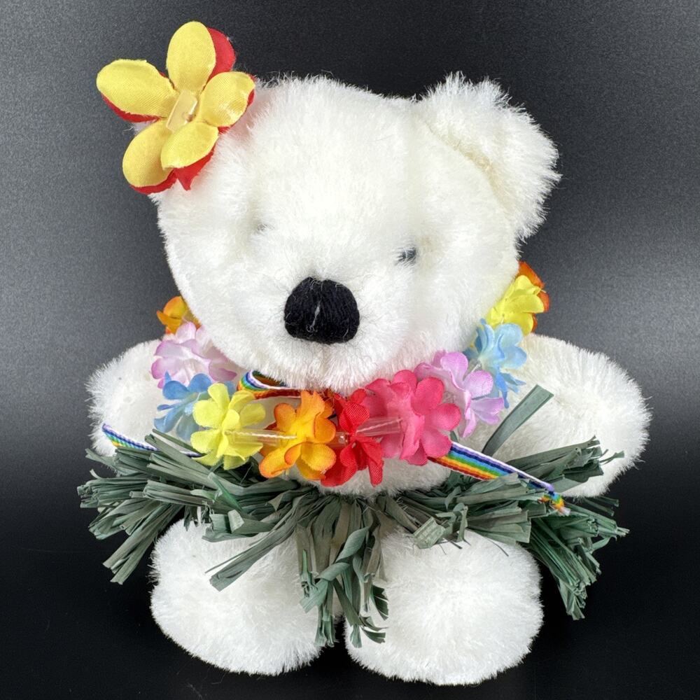 Vintage Dakin White Bear w/ Hawaiian Outfit 5.5” Stuffed Animal Plush Toy